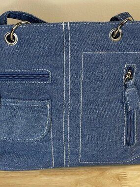 Vintage Y2K Denim Multi Pocket Handbag Structured Blue Purse Multiple Zippers